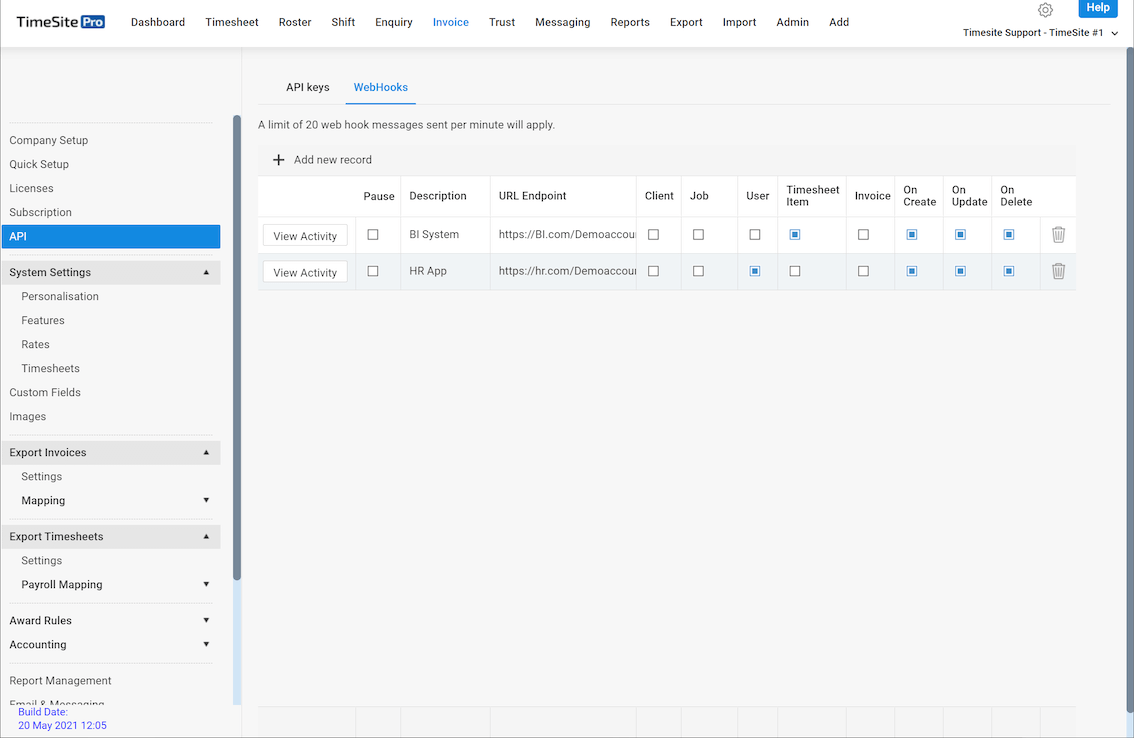 Timesite Pro API Webhooks