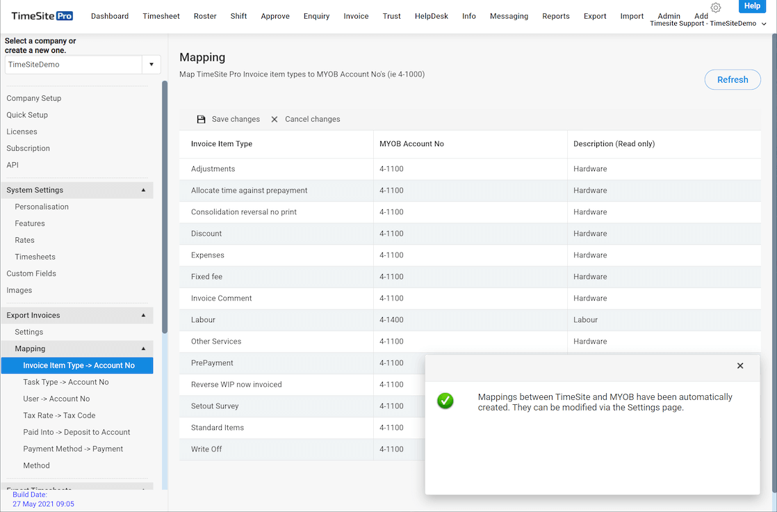 configuration export invoice map