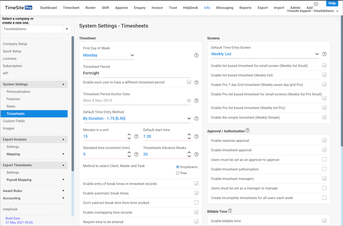 configuration timesheets