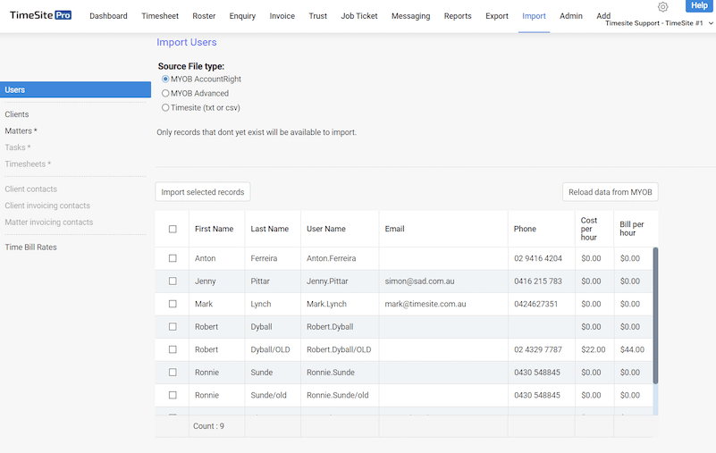 MYOB Import User