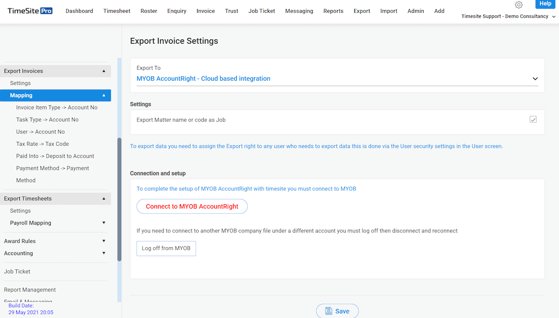 myob invoice setting